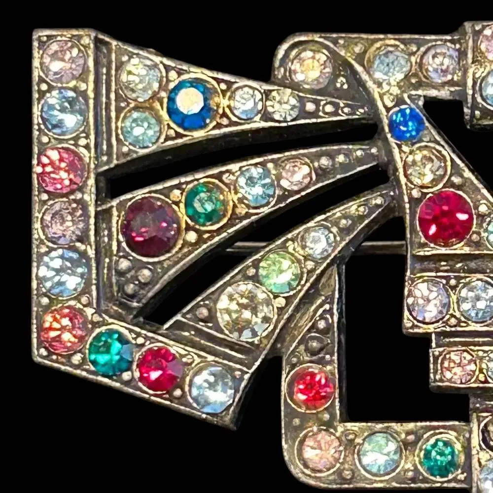 Art Deco Rhinestone Brooch Czech Glass Multicolor Stones Trombone Clasp 1920s